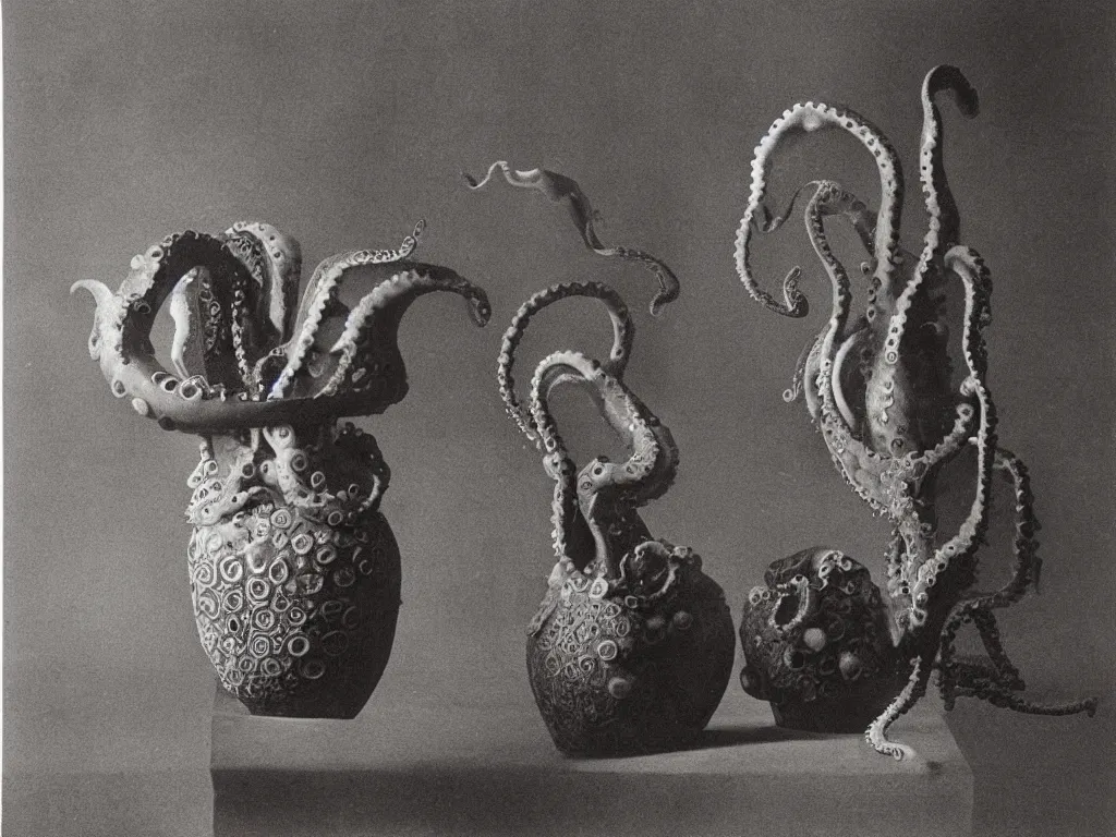 Image similar to flaming gothic stone vase, pot, jug in the shape of octopus. karl blossfeldt, salvador dali