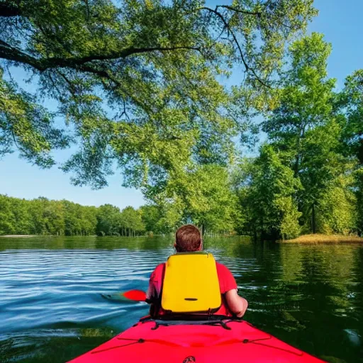 Prompt: A person in a kayak on a lake with trees in the background, the sun and clouds in the sky, all within the outline of the state of Arkansas.