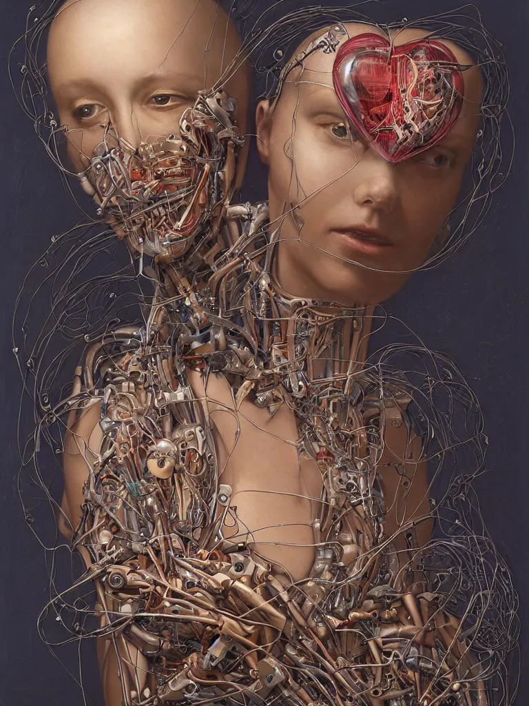 Prompt: portrait of a beautiful female android robot holding a realistic anatomical heart in her hands and crying, there are wires coming from her heart, tangled and entwined with her long flowing hair, mecha, biopunk, painting by James C. Christensen, by Dan Witz, by tomasz alen kopera