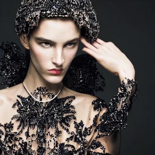 Image similar to close up of face of a fashion model in luxury dress, black background, official valentino editorial, highly detailed