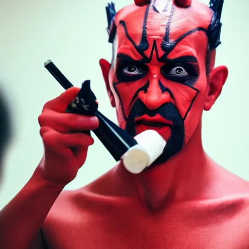 Prompt: a high quality studio photograph of darth maul preparing his makeup, sigma 7 5 mm, masterpiece, magazine