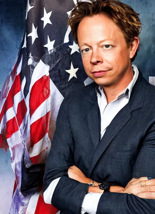 Prompt: election portrait of brock pierce, american flag on background, cowboy style.