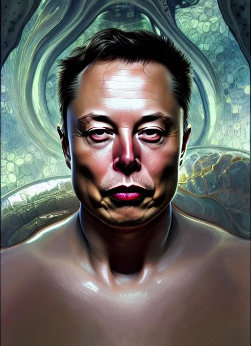 Prompt: elon musk as slimy mollusk, drool, portrait, intricate, elegant, highly detailed, digital painting, artstation, concept art, wallpaper, smooth, sharp focus, illustration, art by h. r. giger and artgerm and greg rutkowski and alphonse mucha