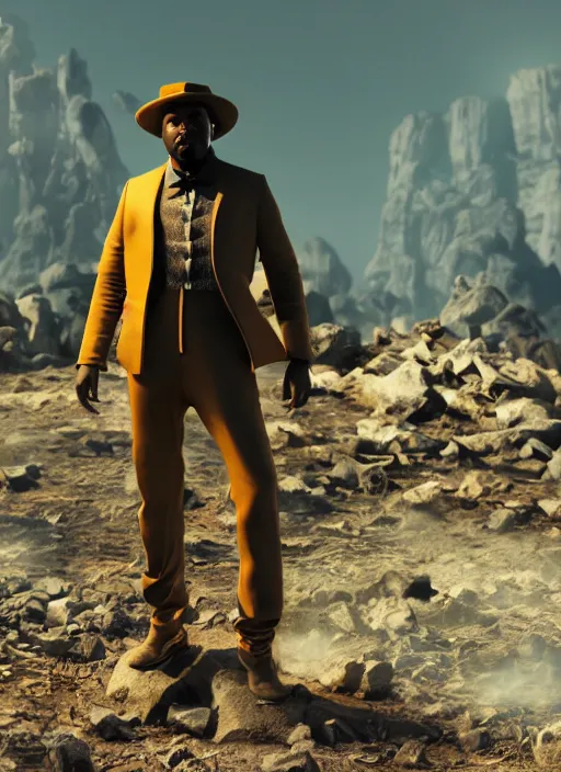 Prompt: Kanye West as willy wonka in fallout new vegas, splash art, movie still, cinematic lighting, dramatic, octane render, long lens, shallow depth of field, bokeh, anamorphic lens flare, 8k, hyper detailed, 35mm film grain