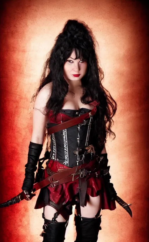 Image similar to epic fantasy action shot of a d & d female halfling rogue, black hair, red leather corset, cinematic, beautiful lighting, heroic