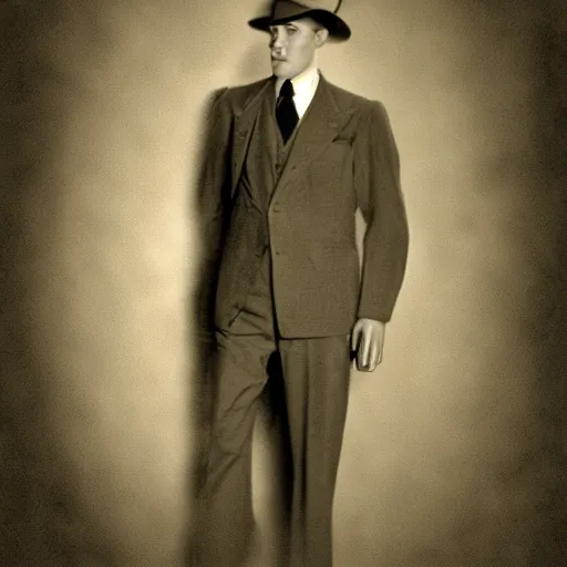 Image similar to A photograph portrait of Jerma985 wearing a suit with and fedora in the 1940s, taken in the early 1940s, grainy, taken on a 940s Kodak Camera, realistic, hyperrealistic, very realistic, highly detailed, very detailed, extremely detailed, detailed, digital art, trending on artstation