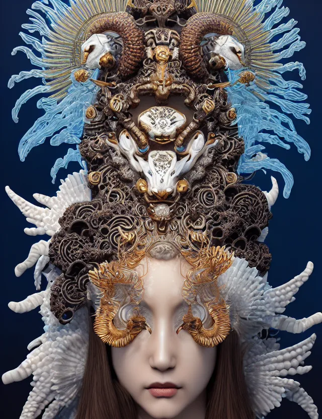 Image similar to 3 d goddess close - up 3 / 4 portrait with ram skull. beautiful intricately detailed japanese crow kitsune mask and clasical japanese kimono. betta fish, jellyfish phoenix, bio luminescent, plasma, ice, water, wind, creature, artwork by tooth wu and wlop and beeple and greg rutkowski