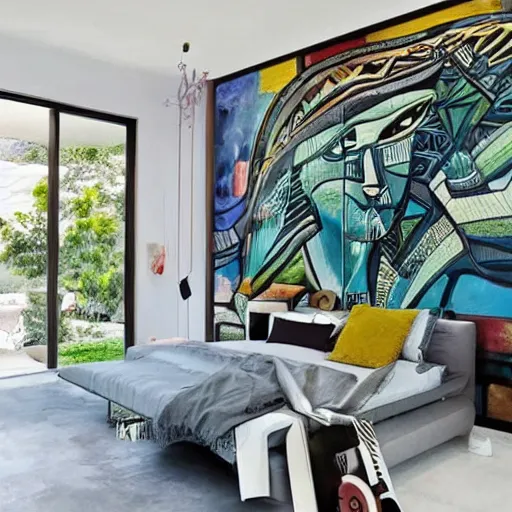 Prompt: mural on the wall of a contemporary home, beautiful architecture, favored interior design style