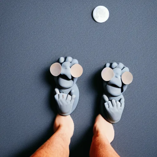 Image similar to photo of vinyl plastic painted toy grey moon face with craters with hands standing on legs wearing sneakers