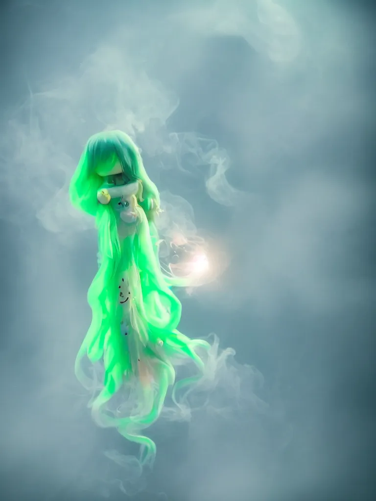 Prompt: cute fumo plush smiling ectoplasmic gothic macabre green jellyfish ghost girl, glowing milky wisps of hazy smoke and volumetric fog, lens flare, subsurface scattering, vignette, asymmetry, bokeh, refraction, vray