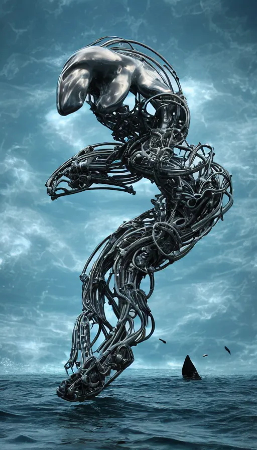 Image similar to summoning a beautiful biomechanical orca spirit from the ocean, organic and robotic, made up of metal, skin, and plastic, shiny, metallic, wet, solarpunk, post apocalyptic, hyper realistic, cinematic angle, octane render unreal engine render, 8k, super detailed, SLEEK!!!