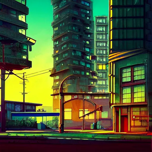 Prompt: realistic synthwave urban grunge cityscape, studio ghibli style