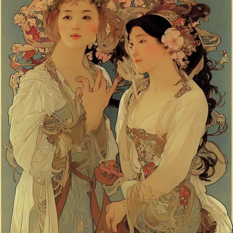 Prompt: beautiful women with oriental faces, character portrait, sharp, digital matte painting, art by alphonse maria mucha