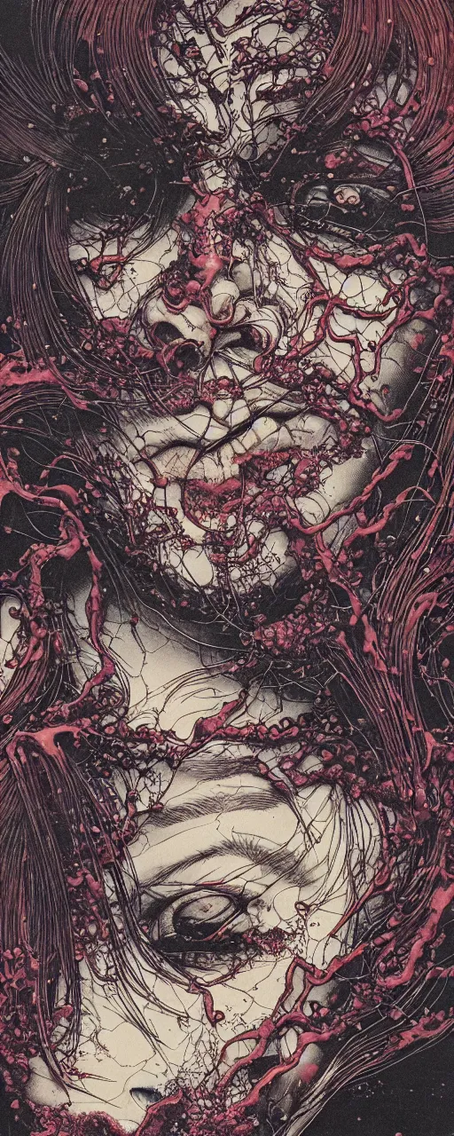 Image similar to closeup of face melting in agony been pulled by hands, inside a frame on a tiled wall, frontal picture, by yoichi hatakenaka, masamune shirow, josan gonzales and dan mumford, ayami kojima, takato yamamoto, karol bak