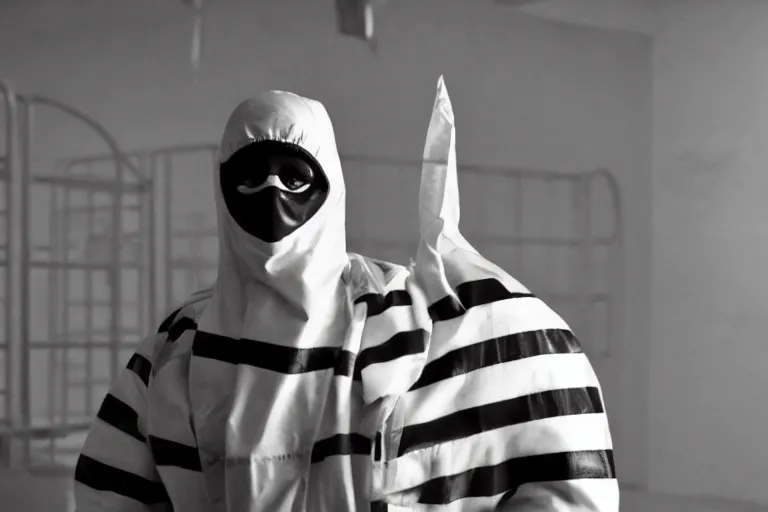 Prompt: a cinematic portrait of a prisoner dressed in a a black and white striped hazmat suit in a small prison cell, fog storm, annie leibovitz and zack snyder, 8 k, hd, high resolution, 8 5 mm, f / 1. 8