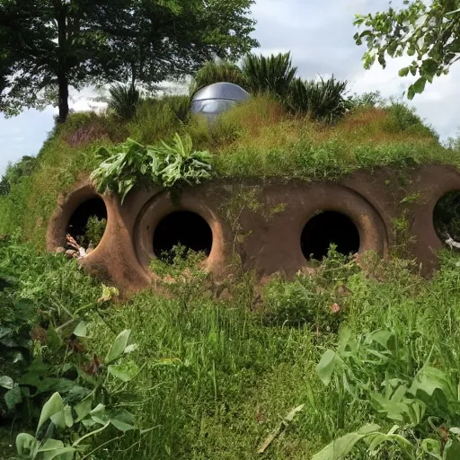 Image similar to beautiful overgrown Earthship home made from clay cob with permaculture garden