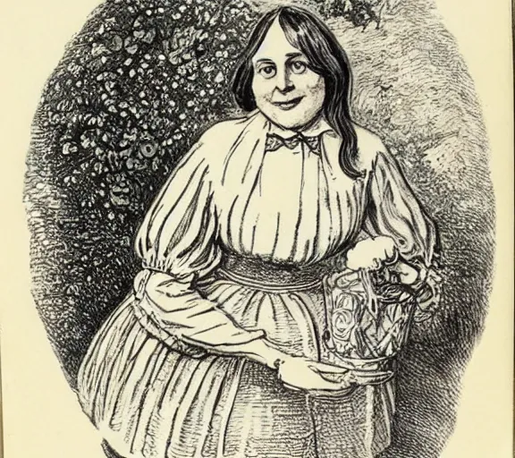 Image similar to Tenniel illustration portrait of Alice looking happy, Lewis Carrol