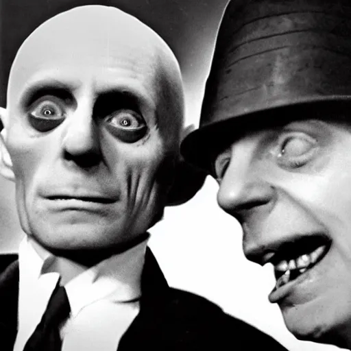 Prompt: count orlok and mark e smith gazing at eachother lovingly, vintage photograph, 4 k