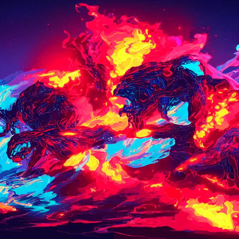 Image similar to explosions of ice and fire, retrowave epic art, trending on art station