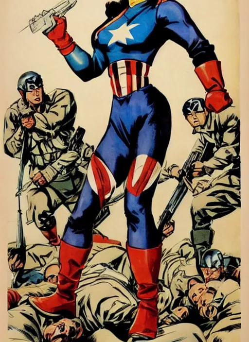 Image similar to beautiful asian female captain america standing on a pile of defeated, beaten and broken german soldiers. feminist captain america wins wwii. american wwii propaganda poster by james gurney. gorgeous face. overwatch. anime