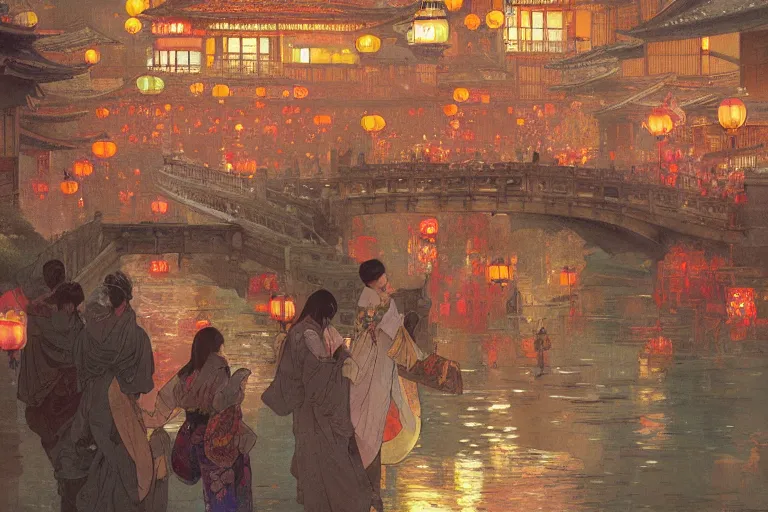 Prompt: a beautiful realistic painting of the lantern festival in old kyoto, neon colors, intricate, elegant, highly detailed, digital painting, artstation, concept art, by krenz cushart and artem demura and alphonse mucha