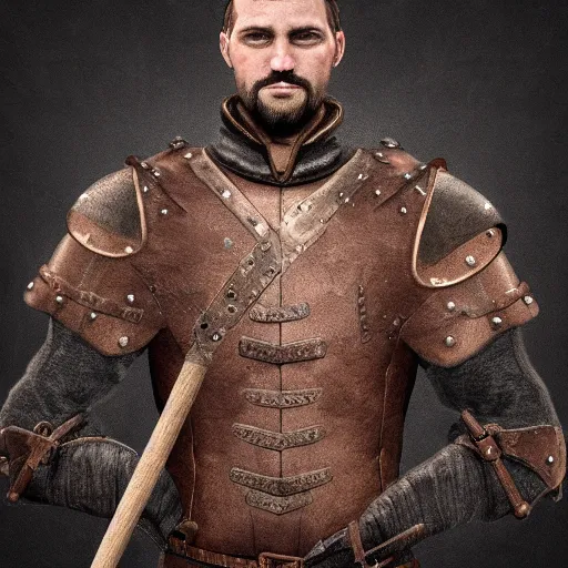 Image similar to realistic portrait, 30 year old man, dark taint :: athletic, medieval leather armour, brown cloth clothes, wooden staff :: high detail, digital art, RPG, concept art, illustration