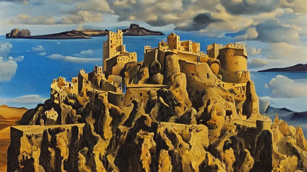 Image similar to High-Quality surrealist painting of Castell de Sant Ferran, peaceful, very detailed, oil painting by Salvador Dalí.