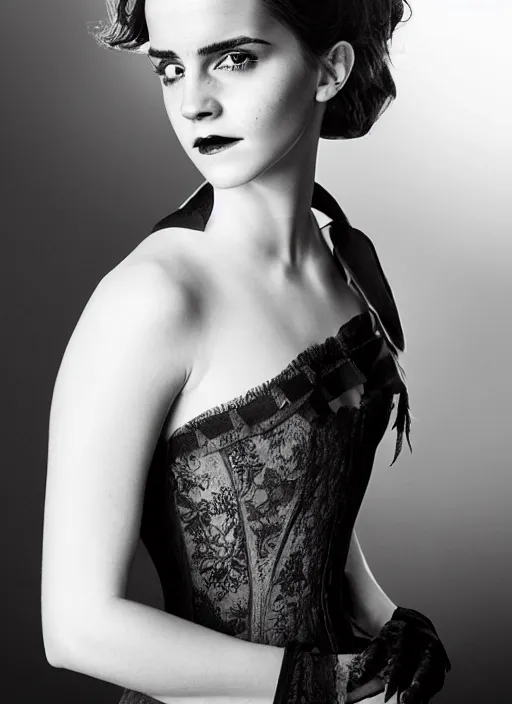 Image similar to Emma Watson for Victorian Secret as dark goth, perfect face, full length shot, XF IQ4, 150MP, 50mm, f/1.4, ISO 200, 1/160s, natural light, Adobe Photoshop, Adobe Lightroom, DxO Photolab, Corel PaintShop Pro, rule of thirds, symmetrical balance, depth layering, polarizing filter, Sense of Depth, AI enhanced