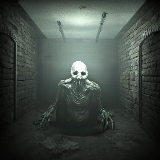 Image similar to scary dark abomination in a basement, creepy atmosphere, realistic lighting