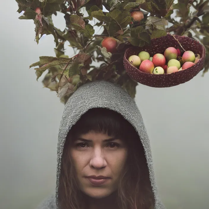 Image similar to a closeup portrait of a woman wearing a hood made of beads, picking apples from a tree, foggy, moody, photograph, by vincent desiderio, canon eos c 3 0 0, ƒ 1. 8, 3 5 mm, 8 k, medium - format print