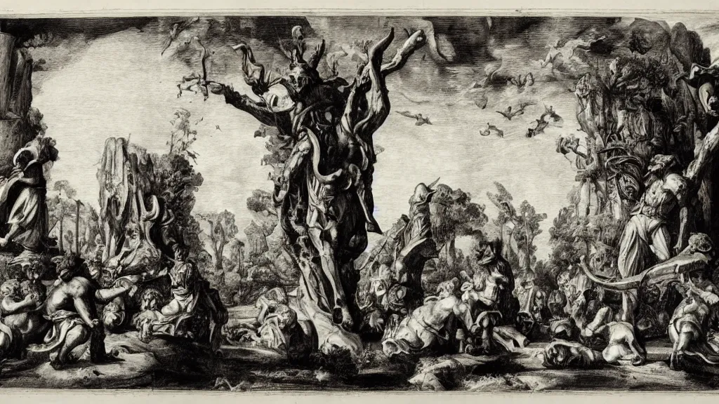 Prompt: a medieval chiaroscuro lithograph of a colossal sculpture garden, enormous creatures augment my desire