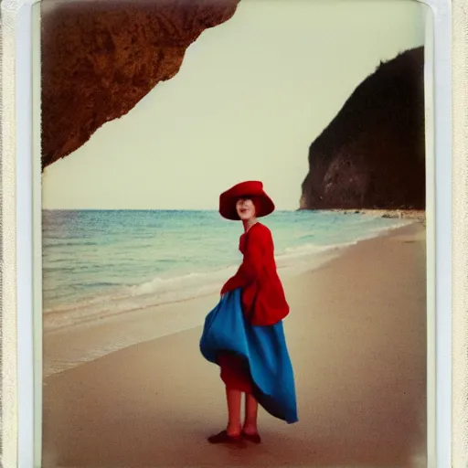 Image similar to vintage polaroid of an attractive woman with a large hat at the beach, warm azure tones, red color bleed, film grain