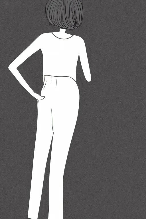 Image similar to portrait of a girl in long pants and a top, hands in pockets, eyes closed, bob haircut, digital art, black and white, simple, lineart