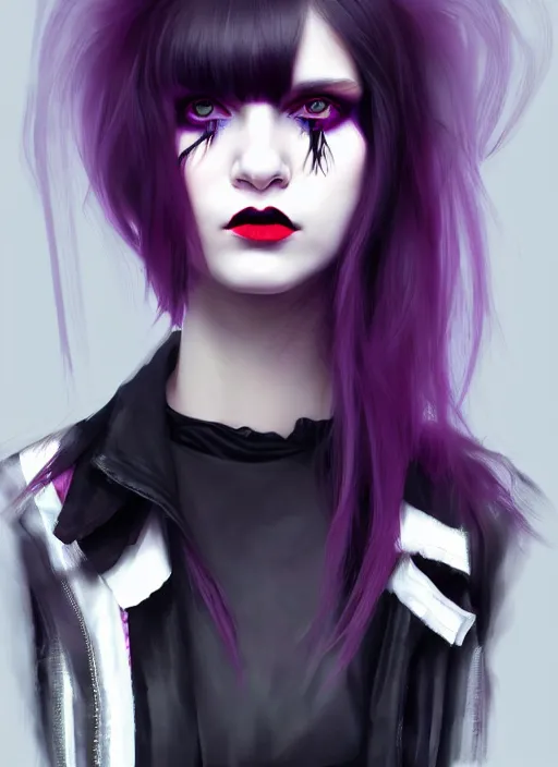 Image similar to portrait of white teenage girl, normal face, black bangs, mall goth, cyberlox, black and white hair, bangs, fluffy bangs, red contacts, purple lipstick, intricate, elegant, highly detailed, digital painting, artstation, concept art, sharp focus, smooth, illustration, art by wlop, mars ravelo and greg rutkowski