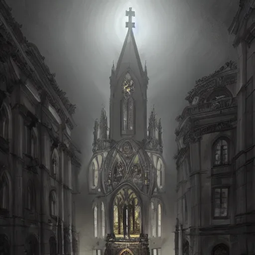 Image similar to victorian church in the middle of the city, dark, misty, at night, 8 k, detailed, concept art, trending on artstation