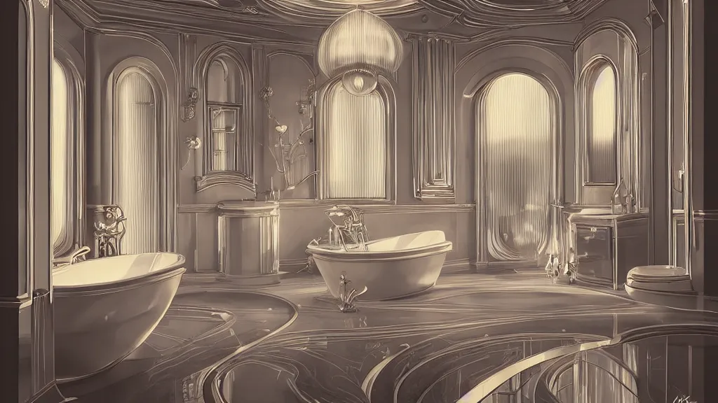 Prompt: art deco bathroom, photo, ultra detail, photoreal, professionally retouched, colorful, soft moonlight lighting, wide angle, 8 k high definition, insanely detailed, intricate, elegant, art by artgerm and wlop