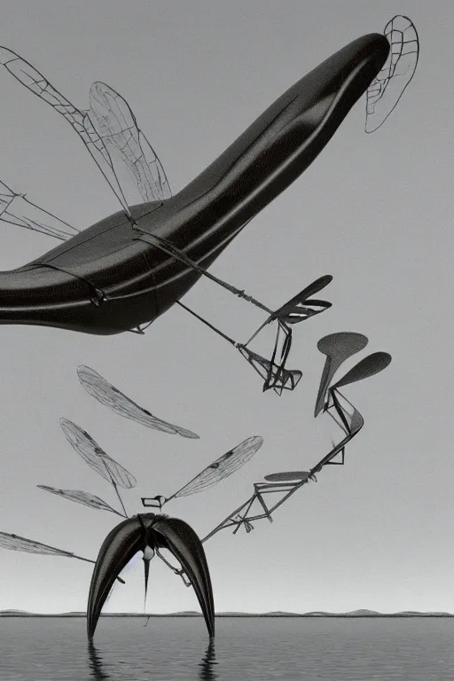 Image similar to a yves tanguy and oskar kokoschka 3 d render of a giant robotic dragonfly on a tiny island, 1 9 9 5 render