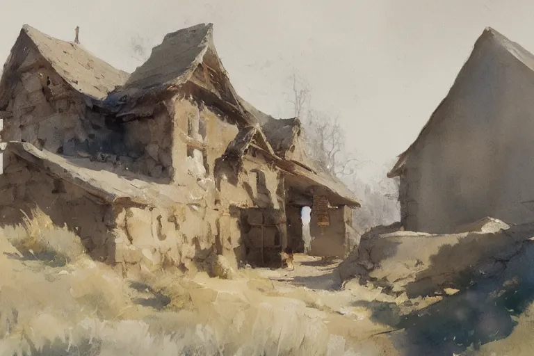 Image similar to small centered on white watercolor paper, paint brush strokes, abstract watercolor painting of prehistoric stone house, midday sharp light, dust, cinematic light, american romanticism by hans dahl, by jesper ejsing, by anders zorn, by greg rutkowski, by greg manchess, by tyler edlin