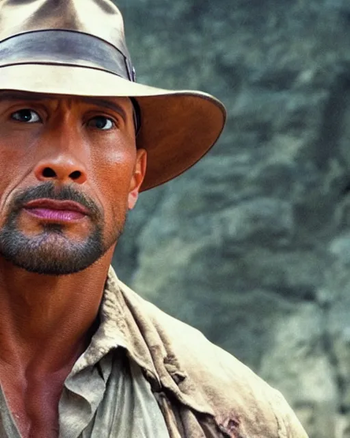 Image similar to Film still close-up shot of Dwayne Johnson as Indiana Jones in the movie Raiders of the Lost Ark. Photographic, photography