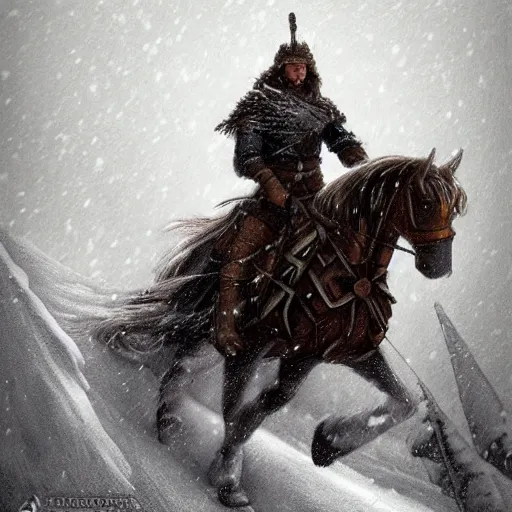 Prompt: A Nordic warrior on horseback in the snowy mountains during a snowstorm, fantasy, medieval, highly detailed, Artstation