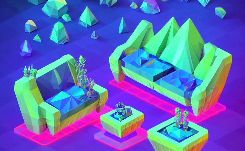 Prompt: isometric low poly isometric crystal plant sofa with alien aesthetic inspired by pandora in the avatar movie, it has bioluminescent plants growing on top of it, beautiful neon orange - yellow with blue hints and it's bedecked with some sparkling crystals all over the place. black background, night isometric artstation neon. behance, pinterest