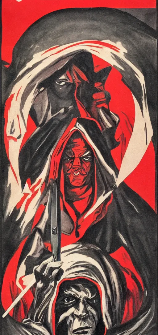 Prompt: mistery man in hood and red eyes with a knife, 1940s propaganda poster, full hd,highly detailed