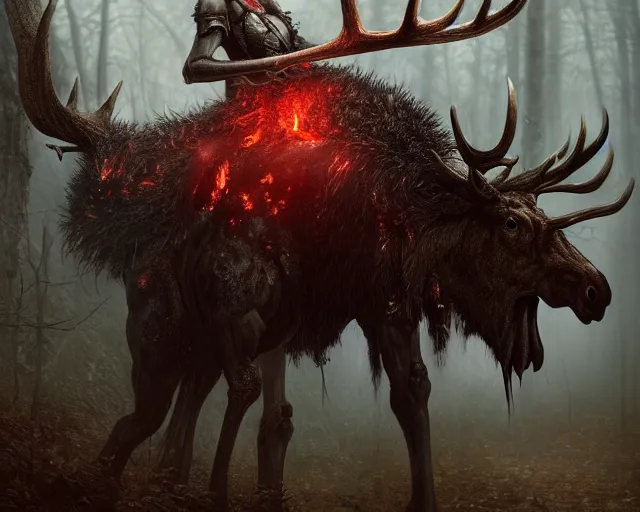 Prompt: 5 5 mm close up portrait photo of an armored demonic burning moose with red eyes and antlers and looking at the camera, in a magical forest. dark atmosphere. art by greg rutkowski and luis royo. highly detailed 8 k. intricate. lifelike. soft light. nikon d 8 5 0.