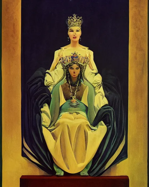 Image similar to an illustration of a queen on a throne at night in the style of johann heinrich fussli and nicholas roerich and georgia o keeffe, realistic, highly detailed, master oil painting, concept art