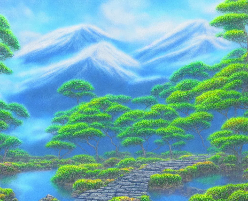 Image similar to a landscape pastel in the style of noriyoshi ohrai of a blue reflective path to some misty mountains in the background. along the path stands pillars that reflect in the water. key art. 4 k fantasy