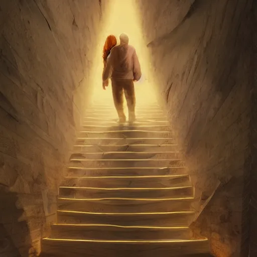 Image similar to a man going into heaven with his wife and children through stairs which is connecting his house to heaven , concept art trending on artstation, glowing effect, golden ratio, rule of thirds, illustration, digital painting, hyperreal, hyperdetailed, 8k