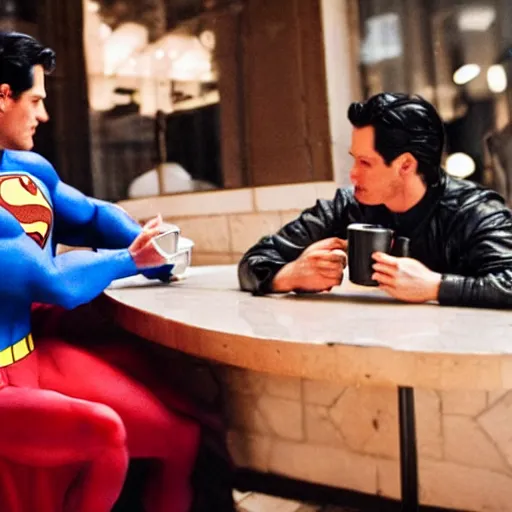 Prompt: Superman and Batman drinking coffee at a cafe, movie still, cinematic, professional photography, 28mm