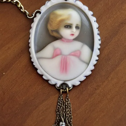 Prompt: creepy porcelain victorian doll artnouveau necklace