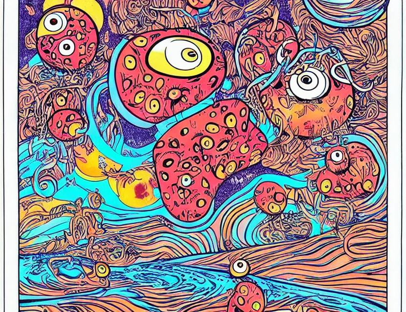 Prompt: a psychedelic 1 9 6 0 s drawing of a lazy red burned tomato with 1 0 googly eyes on a beach, big piles of strawberry icecream surfing, a sunset by james jean in psychedelic poster art style