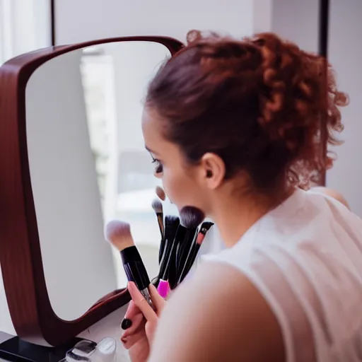 Prompt: woman kissing her reflection in the mirror while doing makeup at a vanity